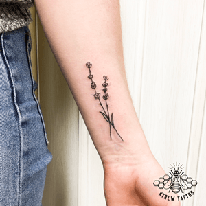 Lavender Sprig Fine-Line Tattoo by Kirstie Trew @ KTREW Tattoo • Birmingham UK #lavender #finelinetattoo #floraltattoo #flowers #birminghamuk #lineworktattoo #delicateflower #flowertattoo