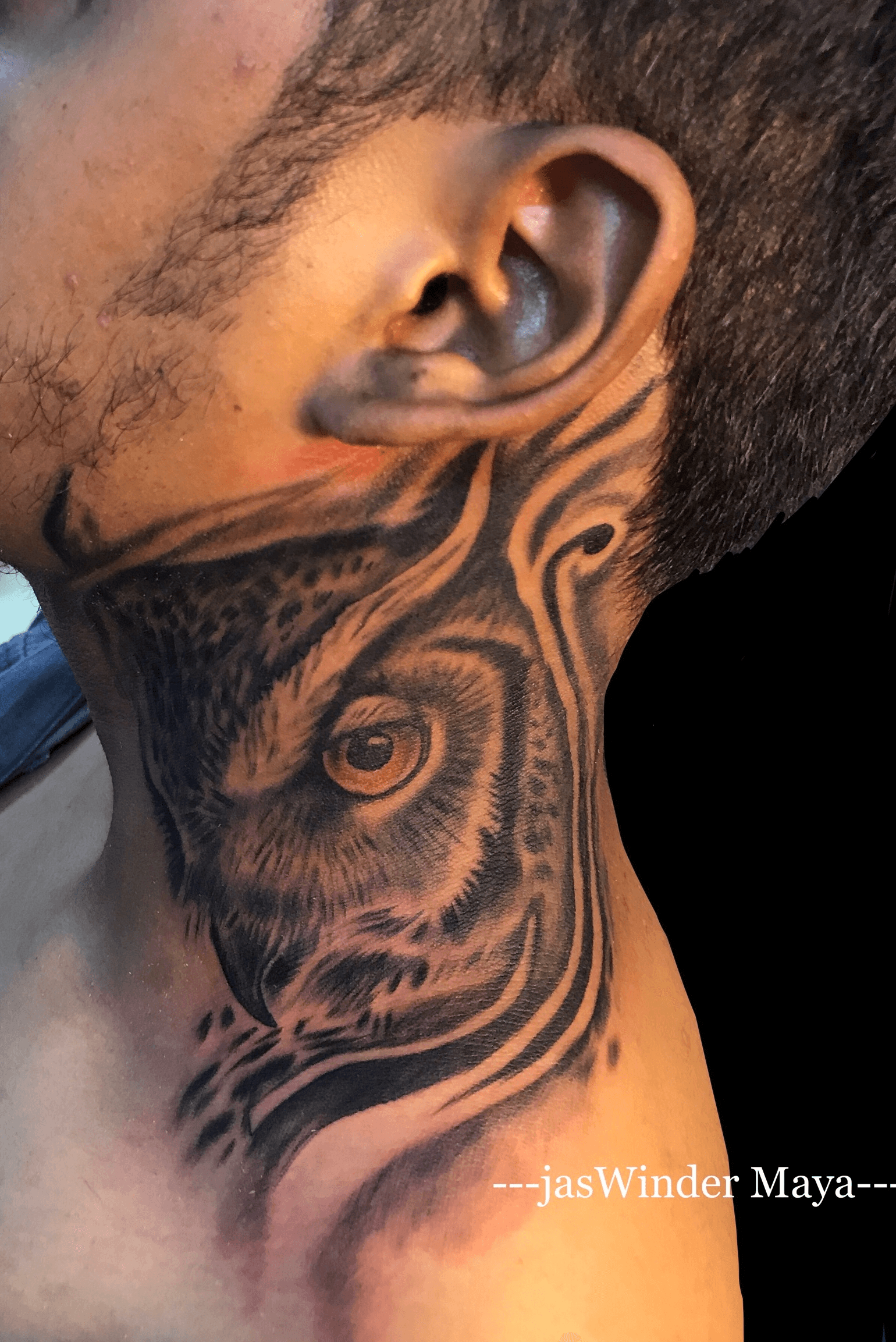 Realistic Neck Owl Tattoo by Dingo Tattoo
