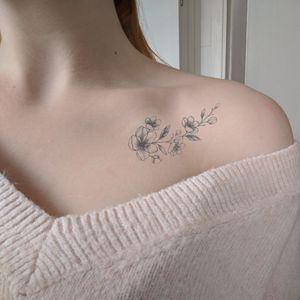 Blossom design over scar on collarbone. Not done yet, just an edit but excited to get it!