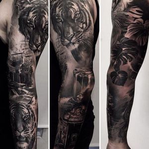 Sleeve on my left arm. Represent a "fantasy" world me and my Sister used to play in as kids #sleevetattoo #blackandgreytattoo #realism #tigertattoo #tiger 