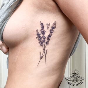 Lavender Sprig Colour Tattoo by Kirstie Trew @ KTREW Tattoo • Birmingham, UK #lavendersprig #lavendertattoo #colourtattoo #delicatetattoo #sprig #ribtattoo #birmingham #fineline #finelinetattoo
