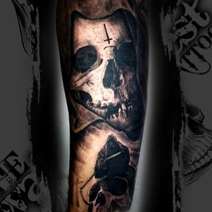 Skull and grim reaper tattoo by Brennan inner forearm