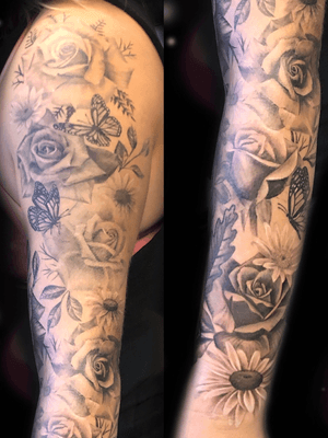Black and gray roses, daisies, and butterflies 