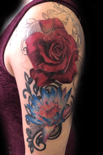 Work in progress! Red rose and lotus with lace 