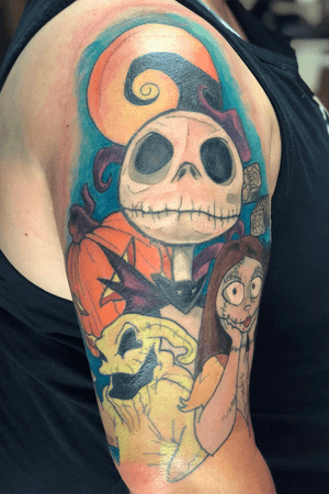 Final Piece ! Nightmare Before Christmas Half Sleeve. Jack Skeleton, Ophir Boogie and Sally !! Can’t wait to finish the sleeve
