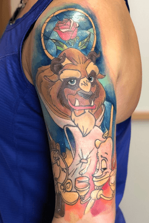 Final ! Beauty and the Beast Half Sleeve. Cogsworth Lumiere and Beast !! Can’t wait to finish the full sleeve ! 