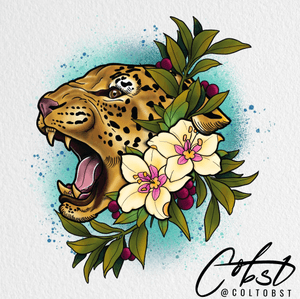 Neotraditional Leopard and white blossoms !! Perfect thigh piece available for tattooing 