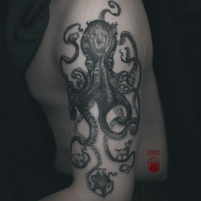 SHOUDLER FLOATER According to the idea of my client the octopus is holding 7 sons in it's tentacles and the eighth is empty for zen. I do appreciate when tattoo ideas are so thought through. #octopustattoo #tentacles #octopus #blackwork #shoulderpiece #marine #seacreature #dark #meaningful 