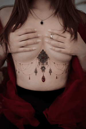 Underboob tattoo #underboob #fineline #antique #gem #feminine #jewel #red 
