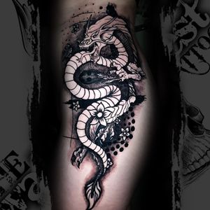 Dark trash style dragon tattoo by Brennan he offers custom designs out drop him a message if you would like him to design for you. 