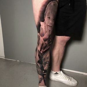 Black and grey realistic full leg tattoo, London, UK | #realistictattoos #fulllegtattoo #blackandgreytattoos #portraittattoos  #clocktattoos