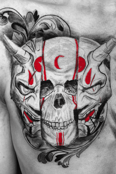 Instagram: @rusty_hst #skull and #onimask tattoo #blackandgrey #realism
