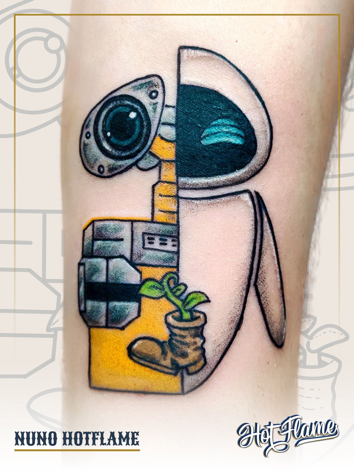 Walle and Eve tattoo on the right calf