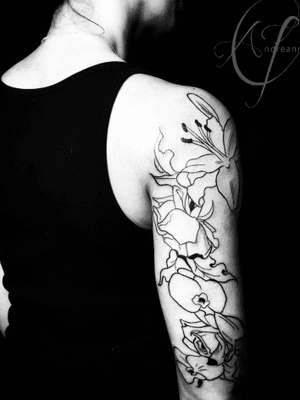 Work in progress. Floral cascade. First session line work. #floraltattoo #blackandgrey #whimsical 