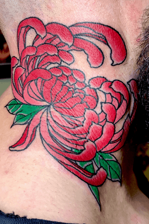 Chrysanthemum on neck, done at Old Century Tattoo