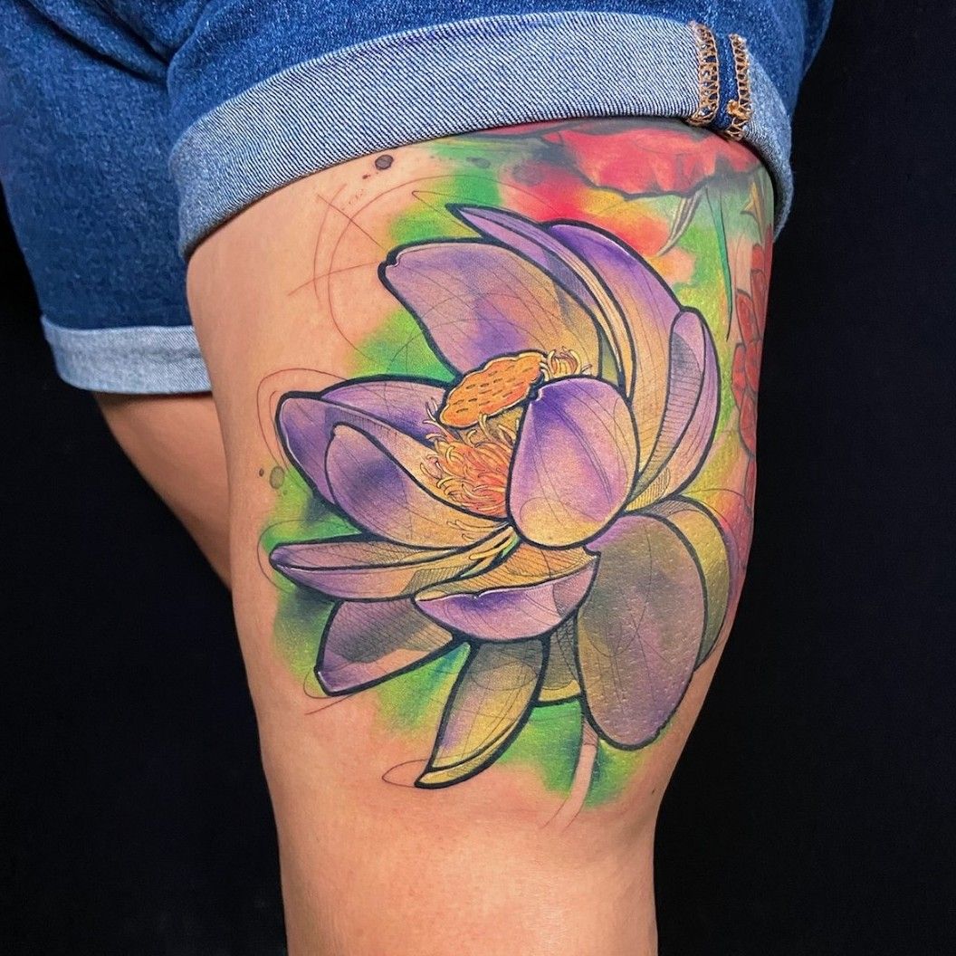 Tattoo uploaded by Sara Iuso • Fun adding to this one year old lotus flower  #tattoo #tattooartist #lotusflower #lotustattoo #jellyfish #linework  #leavestattoo #seacreature #berlintattoo • Tattoodo