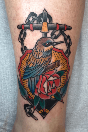 Bird and anchor traditional, done at Old Century Tattoo, Chur