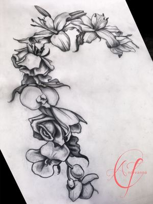 Floral Cascade Design with Roses, Lilies and  Orchids #floraltattoo #Rosetattoo #Orchidtattoo #Lilytattoo #losangeles