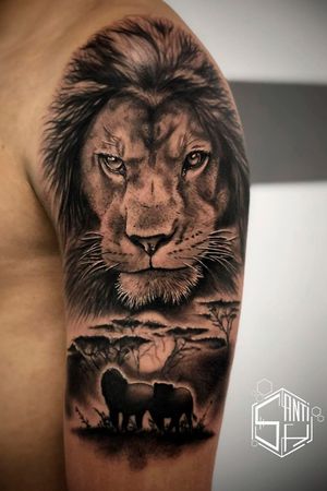 Tatuaje Realismo de cabeza de león sobre la sabana en negros. Tatuajes Realistas & New School de Santi H en Madrid
