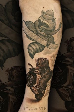 Full sending snowboarder raccoon and kawasaki riding beaver tattoo