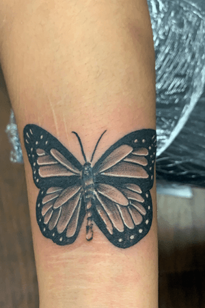 Scar tissue coverup butterfly black and grey 