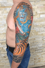 Completed oni riding tiger 3/4 sleeve. Cheers #irezumi #irezumitattoo #japanesetattoo #japanesetattoos 