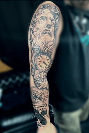 Awesome Tattoo we put together of Poseidon.. with roses and time clock.. 