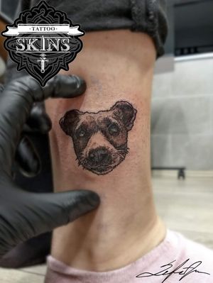 Tiny realistic portrait tattoo of Jack Russell dog