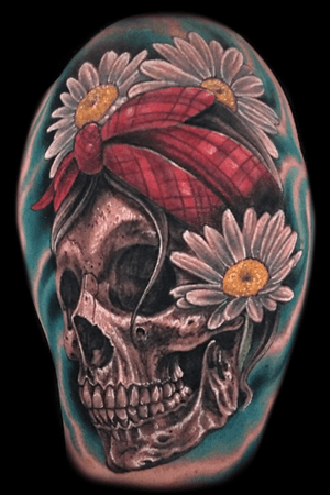 Skull and flowers,  girl power,  black and grey and color half sleeve.