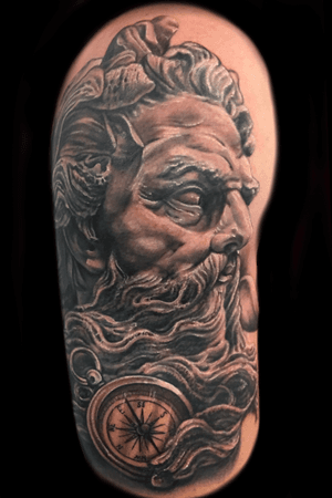 King Neptune,  Poseidon,  Greek God,  God of Water. Black and grey tattoo. 
