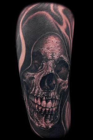Grim Reaper,  skull,  black and grey tattoo