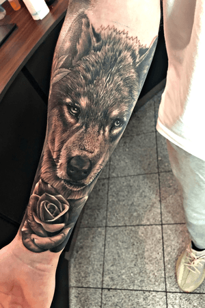 My new Black & Grey wolf & rose tattoo!