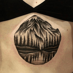 Zen Walden pond with forest reflection and mountain - landscape tattoo by Franco Maldonado #FrancoMaldonado #blackwork #landscape #mountain #forest #reflection #nature