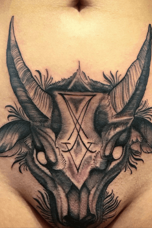 Tattooed freehand satanic goat 