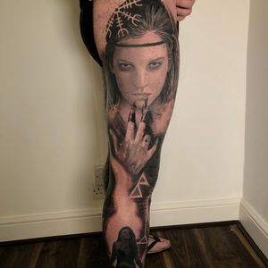 Warrior norse woman portrait full leg tattoo in black and grey realism, London, UK | #bestrealistictattoos #blackandgreytattoos #portraittattoos #fulllegtattoos #londontattooartist