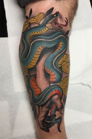 Neotraditional snake and realistic hand collab with Robby Latos  while at Damascus Tattoo, MD