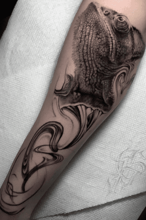 Capture the beauty of a chameleon in stunning black and gray by tattoo artist Alejandro Gonzalez.