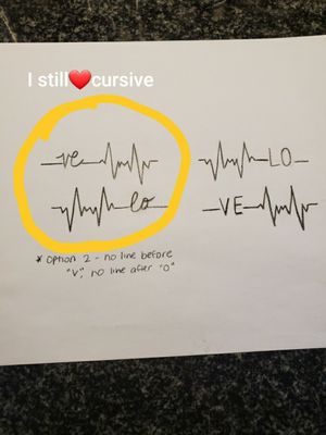 My GF and I are wanting to get this together since the "LO" "VE" tat on the underside of our ring fingers was shot down due to them not lasting. So we've decided to still use the word but add in the heartbeat. This is what we've drawn and the circled is what we want. The top image goes on her left wrist and the bottom image goes on my right wrist. We're just trying to finalize the font so that the beat lines connect perfectly to the letters we're just not artists. We've also discussed making it her actual hand writing and I think we're leaning that way. 