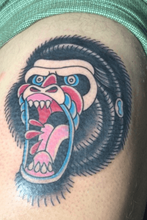My first tattoo: traditional style mandrill tattoo made by Will Huezo at Vida Tinta Tattoo Collective
