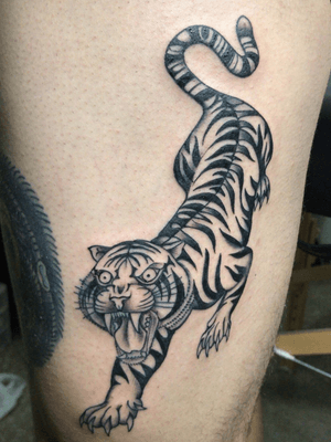 Tattoo uploaded by Ale P • Traditional Style black and white tiger tattoo I  got over break - made by Will Huezo I'm Vida Tinta Tattoo Collective •  Tattoodo