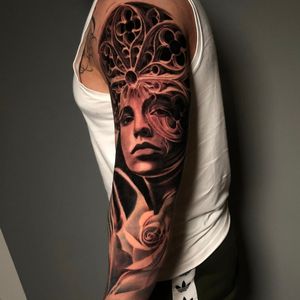 Black and grey realistic full sleeve tattoo of woman, roses and a Gothic window, London, UK | #bestrealistictattoos #bestblackandgreytattoos #fullsleevetattoos #christtattoo #religioustattoo #londontattooartist
