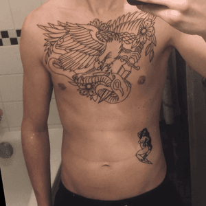 #oldschooltattoo #oldschool #chest #eagle #snake #AmericanTraditional #vienna #outline 