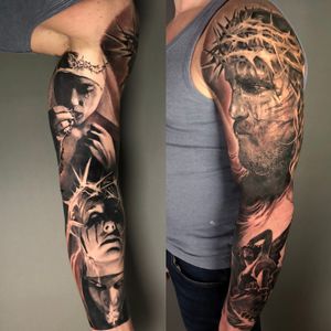 Religious full sleeves tattoos in black and grey realism, London, UK | #bestrealistictattoos #bestblackandgreytattoos #fullsleevetattoos #christtattoo #religioustattoo #londontattooartist