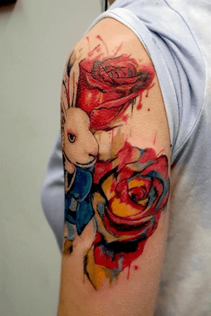 Water colour white rabbit and roses 