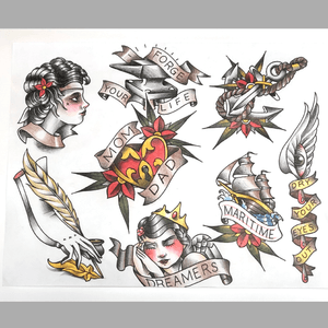 2 of 2 Neo-Traditional Tattoo Flash Sheets by @Bo_Brymer