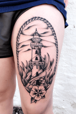 #traditional #lighthouse #thightattoo 