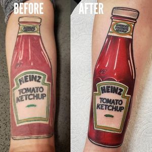 Fixed this ketchup bottle up. She had the one on the left from a different artist. I reworked it and the result is the one on the right.Tattoo by: Travis Broyles at Unknown Tattoo Co. In Everett Washington.