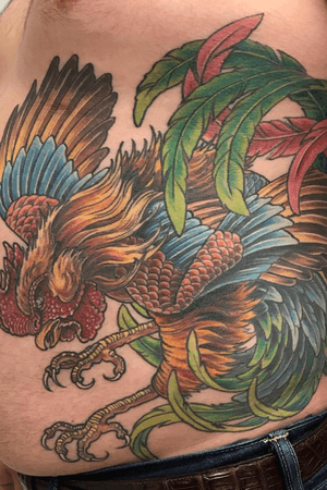 Rooster by Shahn Anderson,  Dragonland Tattoo Hopkins, MN. Coils and powders completed in 2018/2019. 4 or 5 sessions?