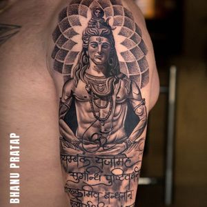 Shiva tattoo with Sanskrit script by Bhanu Pratap At Aliens Tattoo (India).