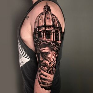 Black and grey realistic sleeve tattoo of Saint Peter Portrait and church, London, UK | #blackandgreytattoos #realistictattoos #sleevetattoos #londontattooartist #portraittattoos 